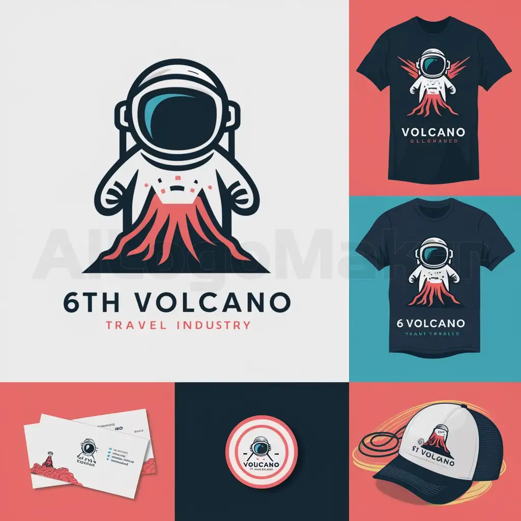 a logo design,with the text "6号volcano", main symbol:Design a brand named '6th Volcano' VI design, including brand logo, T-shirt and cap designs with related themes, business card design and badge design, etc. The pattern content should at least include cool astronauts, short volcanoes and brand names.,Moderate,be used in Travel industry,clear background