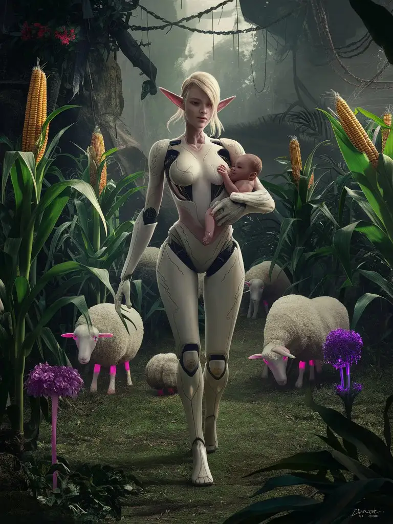 Futuristic Android Elf with Human Baby in Enchanted Jungle