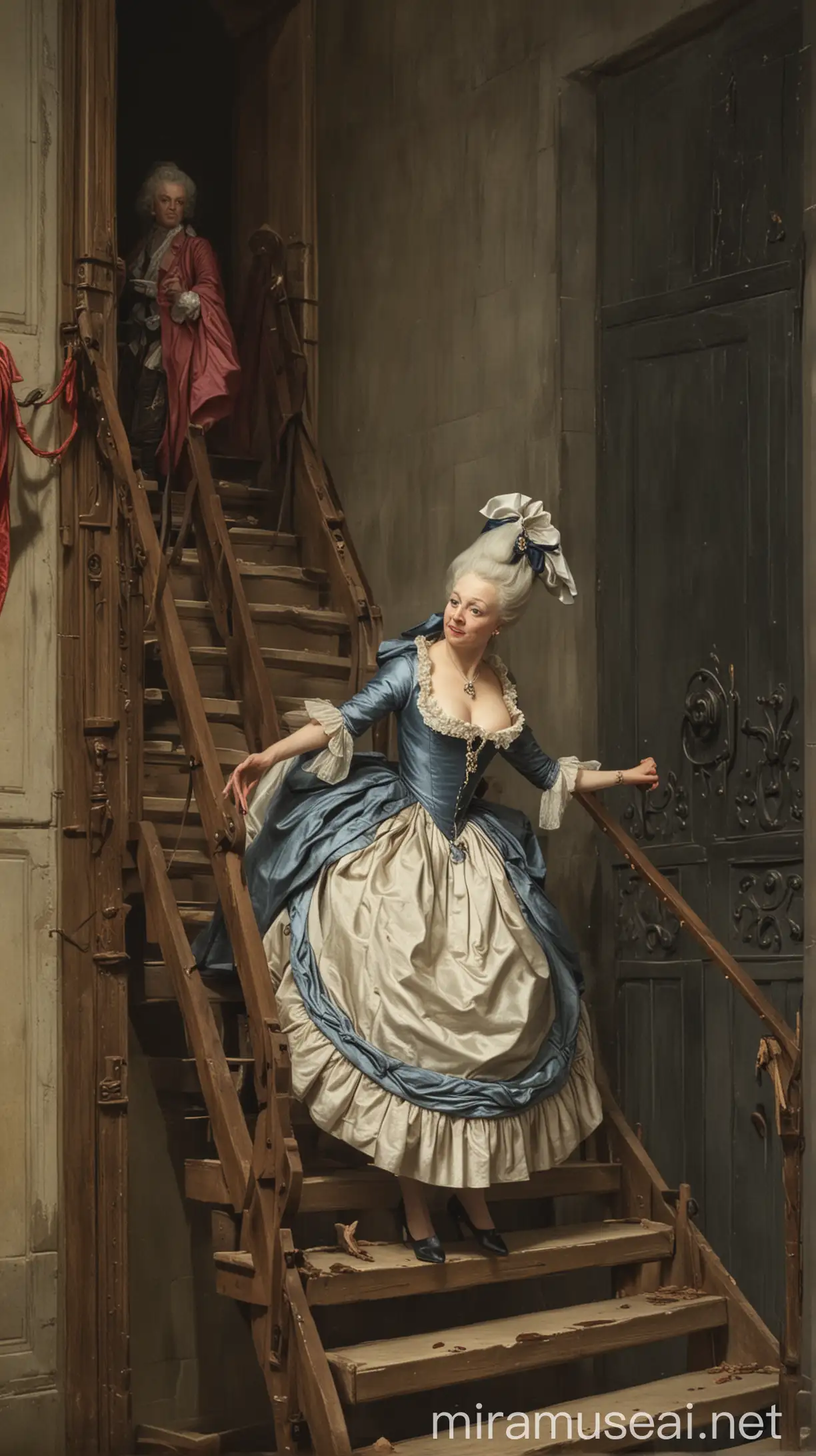 "Marie Antoinette ascending the stairs to the guillotine, accidentally stepping on the executioner's foot" hyper realistic