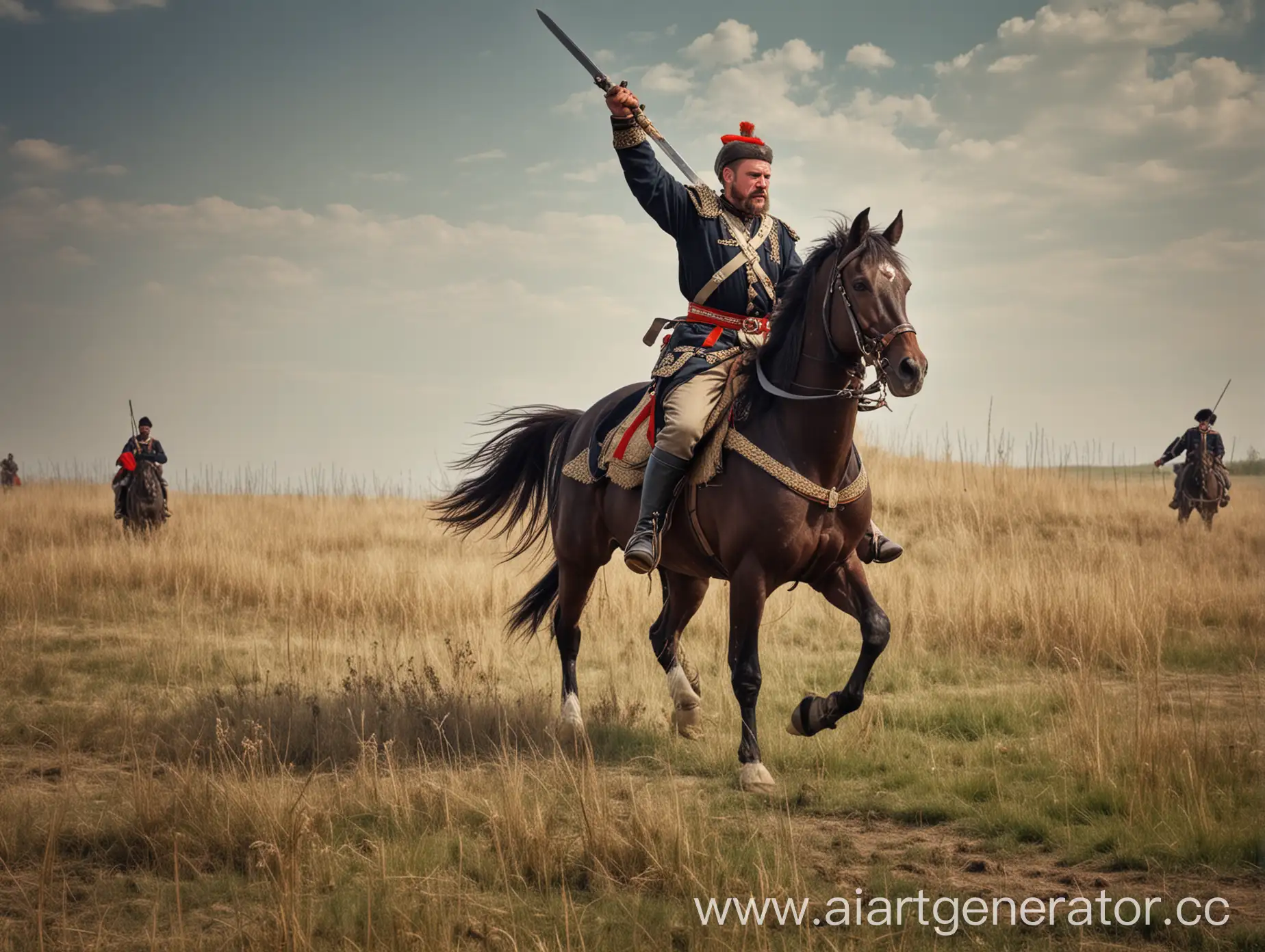 Донской казак на рубеже XIX-XX веков в сражении с поднятым мечом в руке в поле