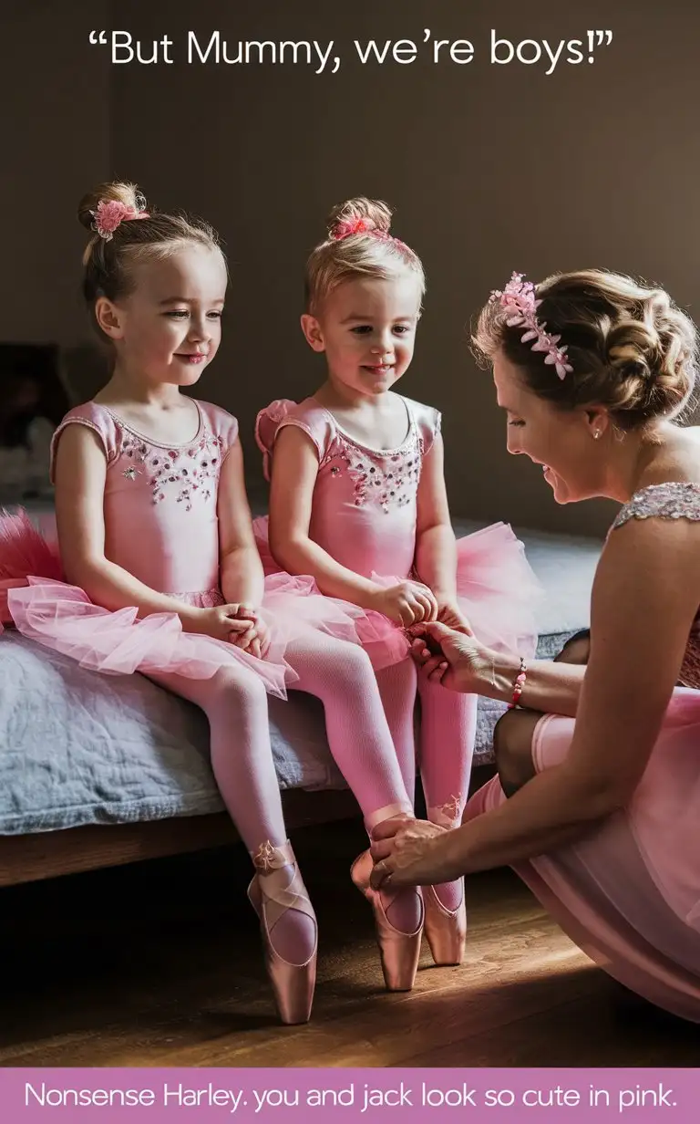 Gender role-reversal, Photograph of a mother having fun dressing her two young sons, boys, a 9-year-old boy and a 6-year-old boy, cute faces, short smart boy’s hairstyles shaved on the sides, up in pink ballerina dresses and tights while the boys sit innocently on the edge of a bed, the mother is crouching next to the bed and she is fitting ballerina shoes to the boy’s feet, adorable, perfect children faces, perfect faces, clear faces, perfect eyes, perfect noses, smooth skin, top captions ‘But mummy, we’re boys!’, bottom captions ‘Nonsense Harley, you and Jack look so cute in pink.’