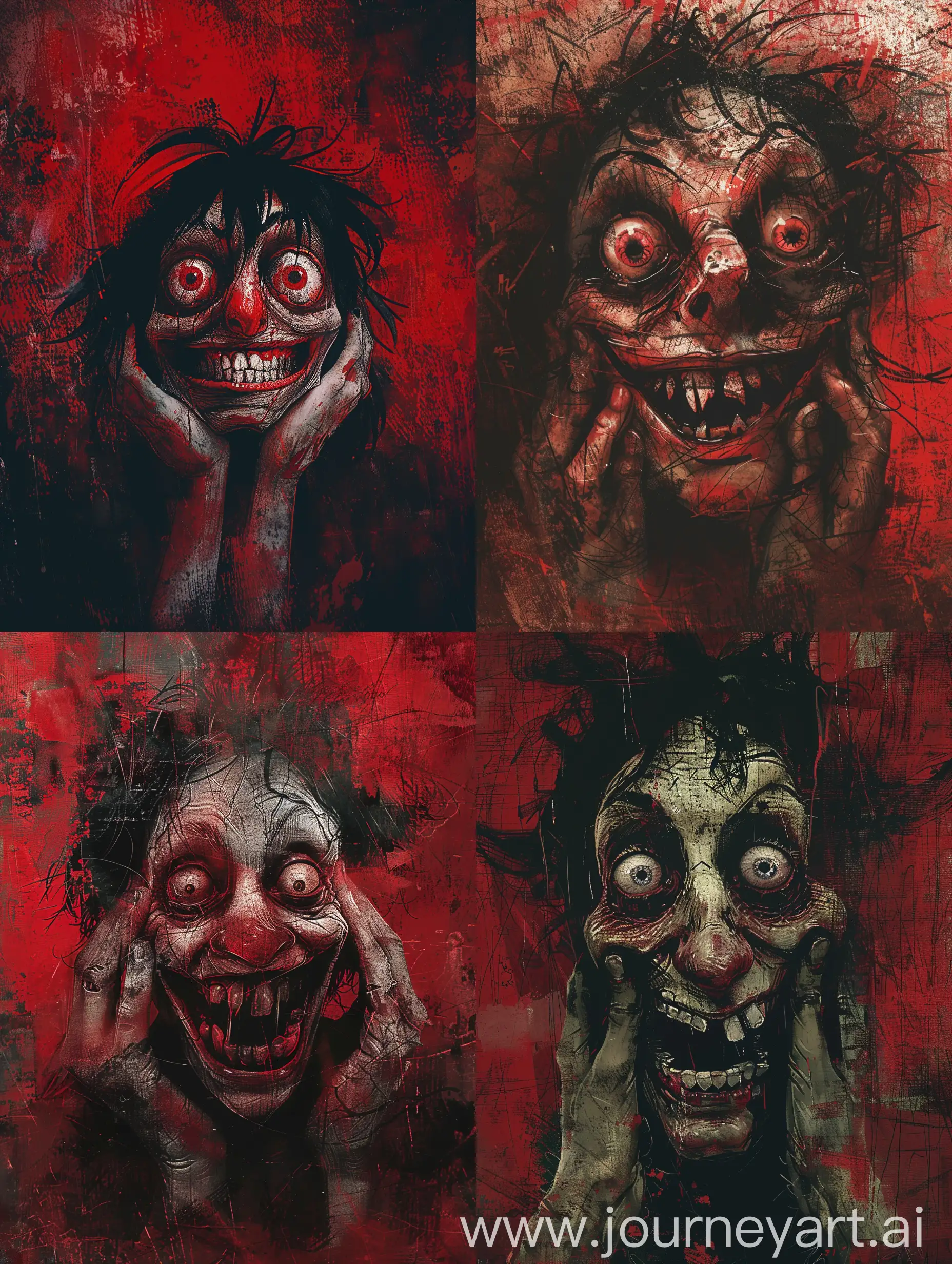 digital illustration, dark gritty art style, horror, psychological themes, close-up of a distorted face with large unsettling grin and wide staring eyes, face framed by hands pressing against cheeks, predominantly red rough textured background, muted tones with red accents, macabre atmosphere, dark messy hair blending into shadowy background, intense and eerie mood, expressive and exaggerated features, high contrast, rough expressive lines