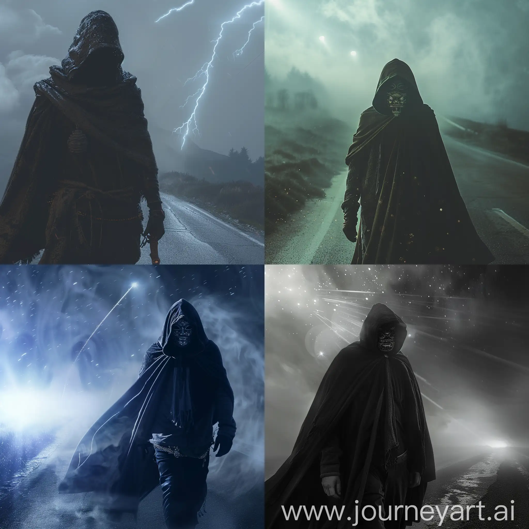 Man with a cape and hood and oriental mask, walking along a foggy road at night, and the sky is flashing light.