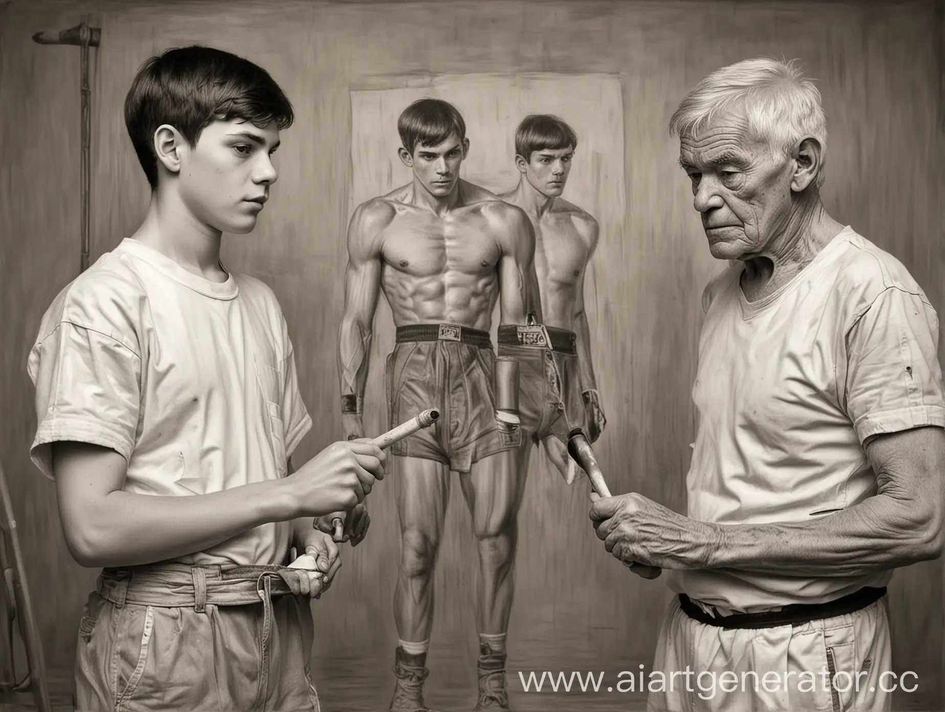 16 jähriger junge in malerbekleidung und mit malerrolle in der hand steht gegenüber einem 70 jährigen ehemaligen boxer. Schwarzweißes Bild mit Bleistift gezeichnet.