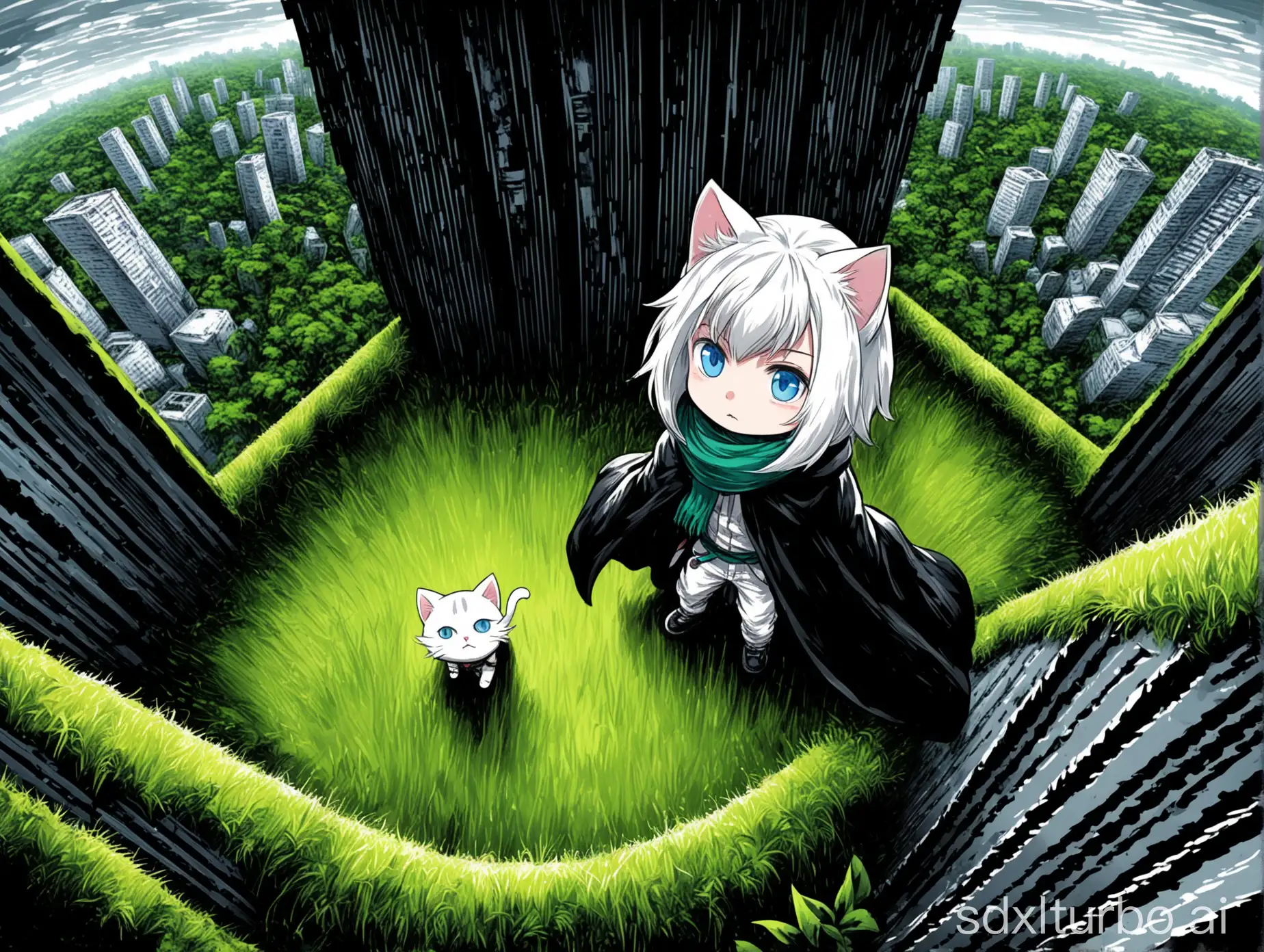 text:NekoboyAI, strong_concept_art_Style, strong_contrast between black and white, oil_painting_strokes, comics, A boy chibi, black coat, cloak, and hat, blue eyes, with white hair, cat ears, cat tails, Green scarf, 360-degree perspective, depth background, ups and downs, wide-angle lens, top-down perspective, rooftop of high-rise building, looking down, surrounded by grass, trees, jungle, Standing in the abyss, the deepest part, the figure on the left, text:NekoboyAI, background text:NekoboyAI