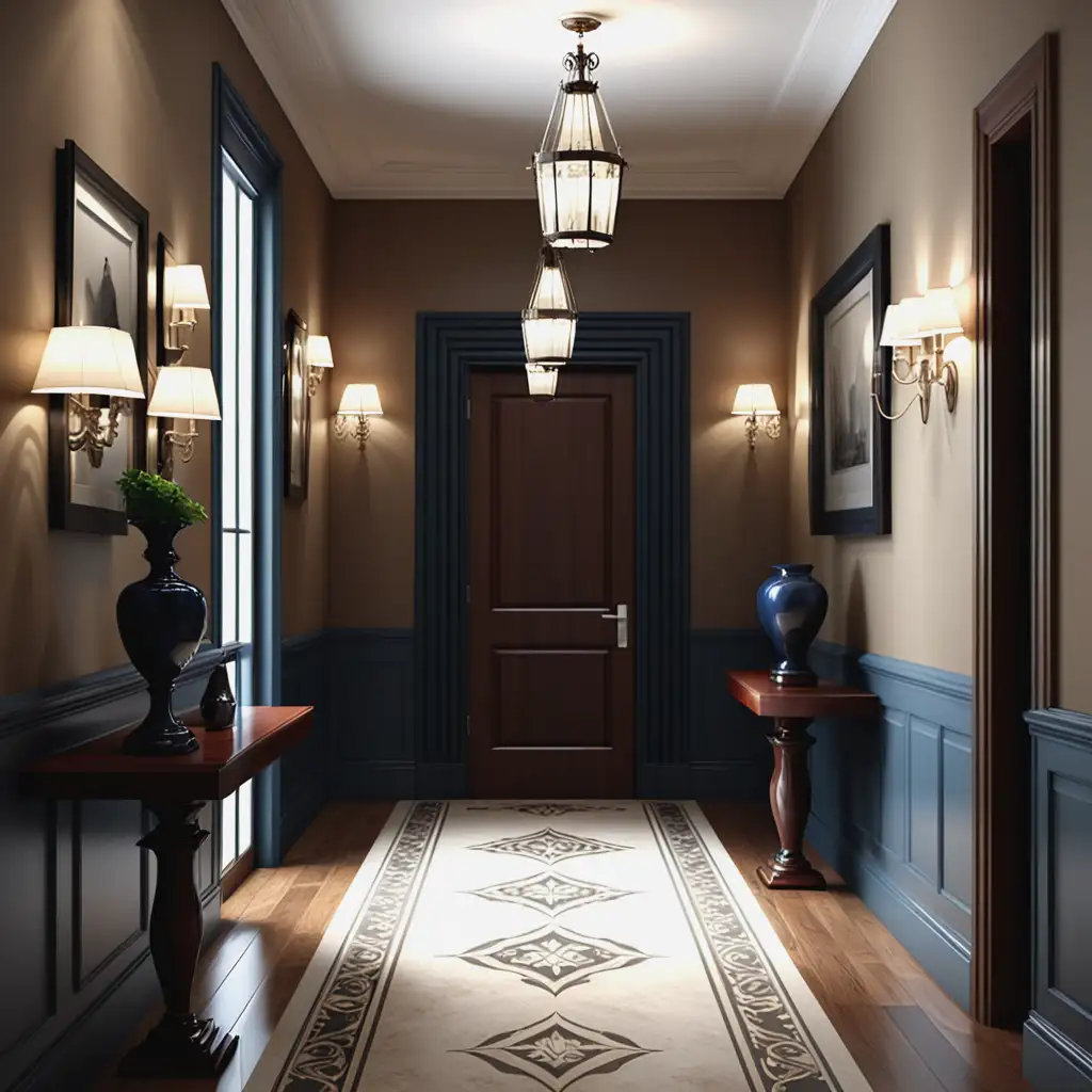 create an image that depicts a an elegant hallway with masculine touches 