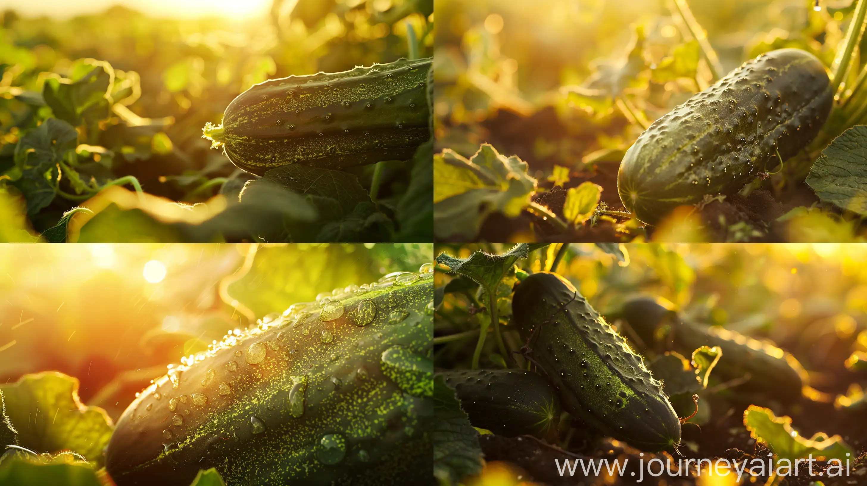 Close up high detailed photo capturing a Cucumber, Parisian. The sun, casting a warm, golden glow, bathes the scene in a serene ambiance, illuminating the intricate details of each element. The composition centers on a Cucumber, Parisian. Tickled by pickles? Pick this dark-green French heirloom gherkin with firm thick flesh and precious few seeds. Great for home preserving. Harvest in just 50 days–less than 2 months–for picking and pickling.. The image evokes a sense of tranquility and natural beauty, inviting viewers to immerse themselves in the splendor of the landscape. --ar 16:9 