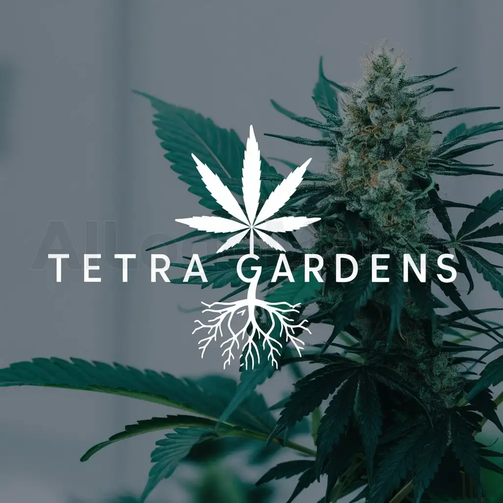 a logo design,with the text 'Tetra Gardens', main symbol:Cannabis leaf with roots wrapping around it,Moderate,clear background