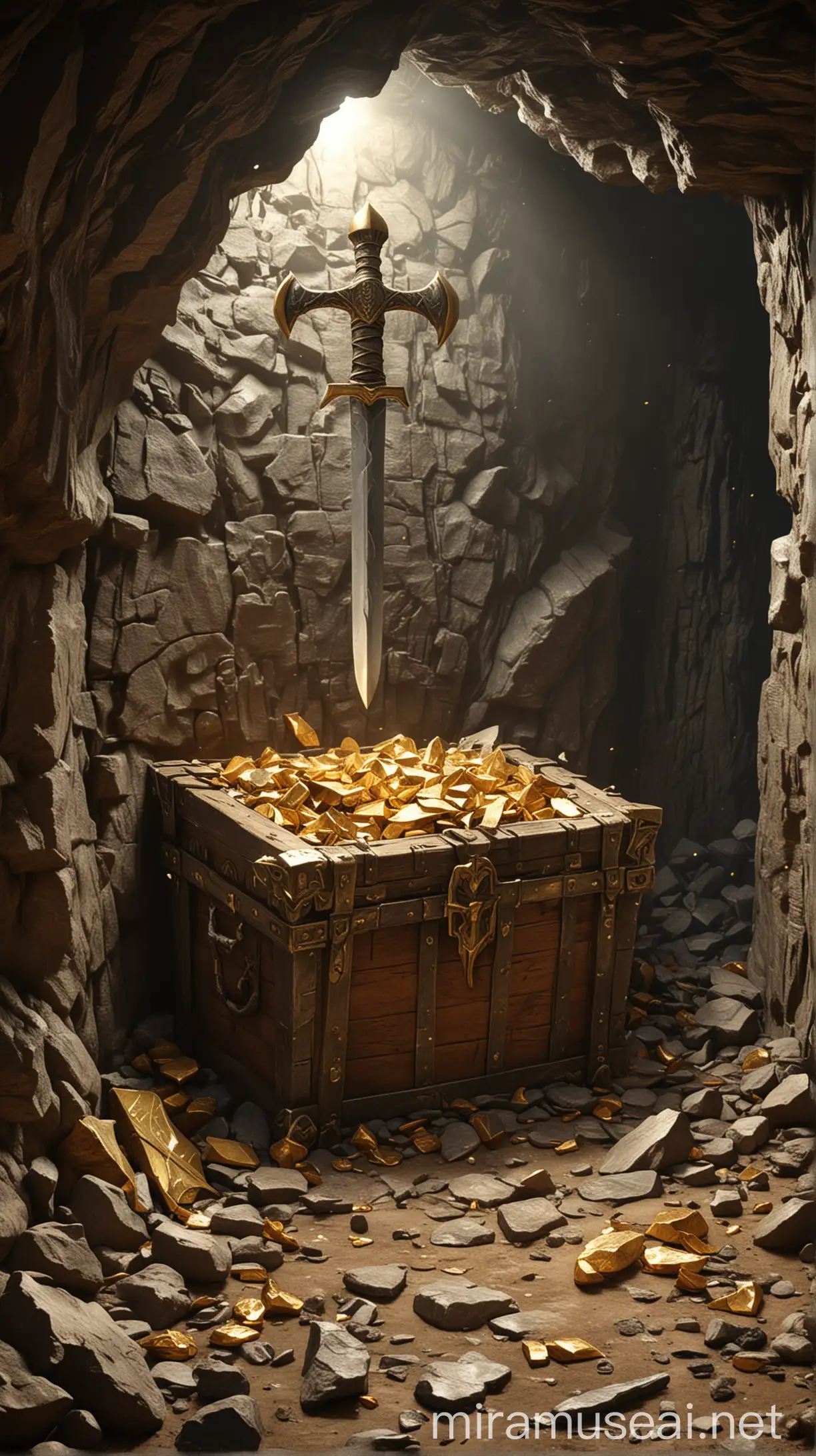 Hidden Treasure Cave with Gold Golden Axe and Iron Sword