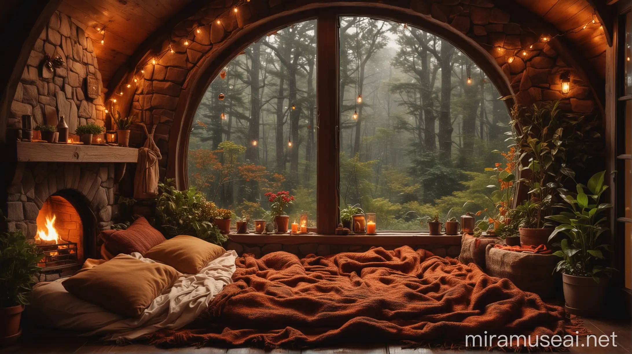 Cozy hobbit room, with two small cozy plants, pillows, string lights, blankets, a roaring fireplace, big window with a rainy fall night deep forest view., Mysterious with fireplace sia view