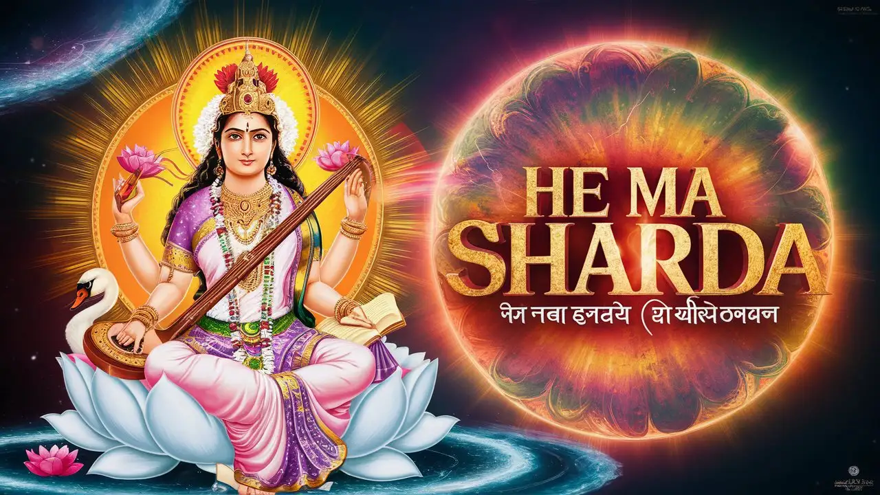 Your task is to design a Hollywood movie poster featuring the Hindu goddess Saraswati Devi. The title of the movie on the poster should be "Title: He Ma Sharda | હે મા શારદા ". The poster should be visually captivating, blending traditional Indian art elements with a modern, cinematic style to create a striking visual representation of the goddess and the movie's theme.