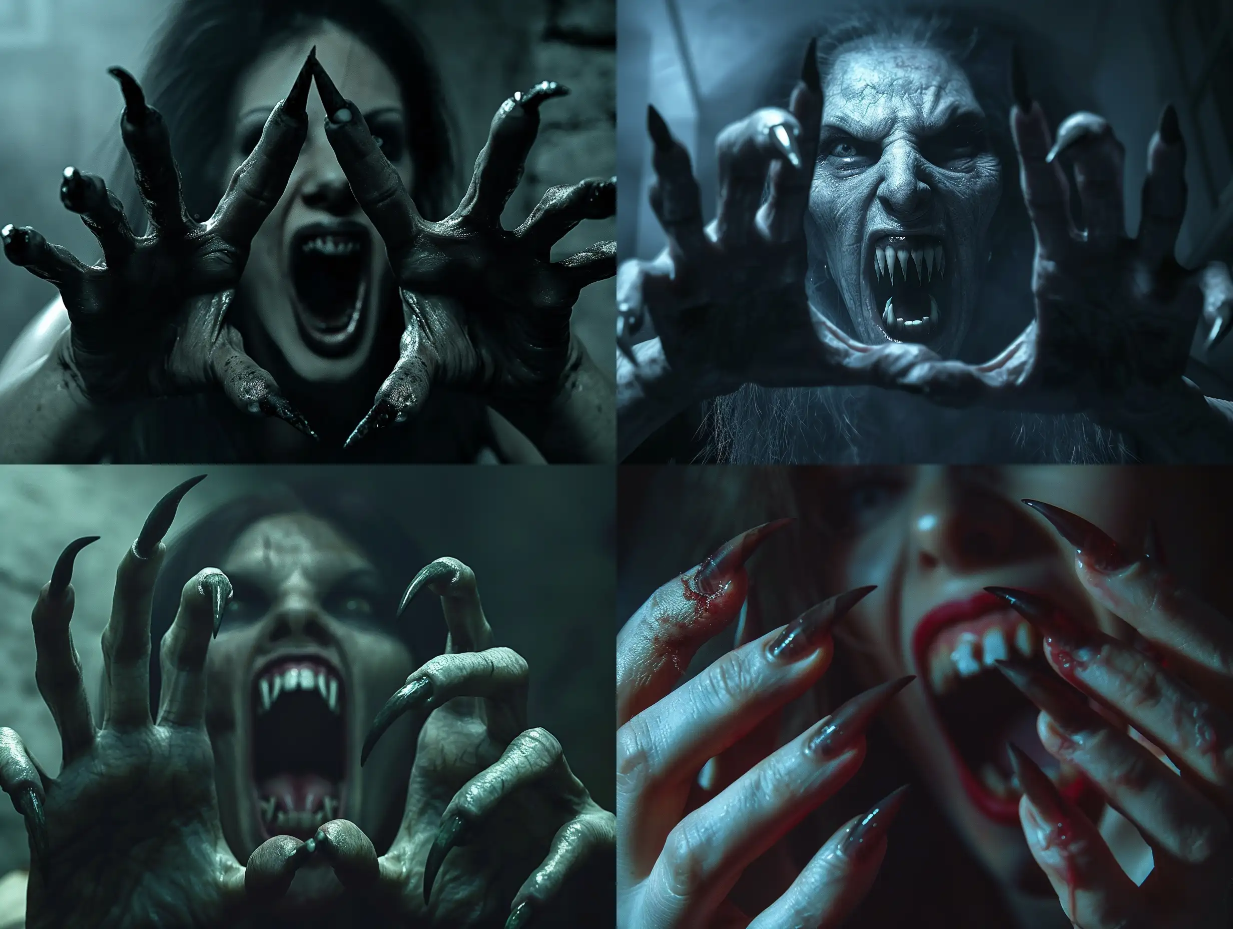 A photorealistic scene of a wild ugly monstruos vampire woman with extra long pointed fingernails, on each hands with five fingers, her mouth is threateningly open, and terrible teeth look like fangs, the vampire looks like she climbed out of the grave, her nails resemble the claws of a predators.scene inside darkness room,hyper-realism, cinematic, high detail, photo detailing, high quality, photorealistic, aggressive, dark atmosphere, realistic, the smallest details, detailed nails, horror, atmospheric lighting, full anatomical, photorealism, detailed, textured, dark, haunting, night-time scene, intense, creepy, undead, spooky, eerie, atmospheric lighting, nightmare, grotesque, terrifying, realistic anatomy, human hands, very clear without flaws with five fingers.