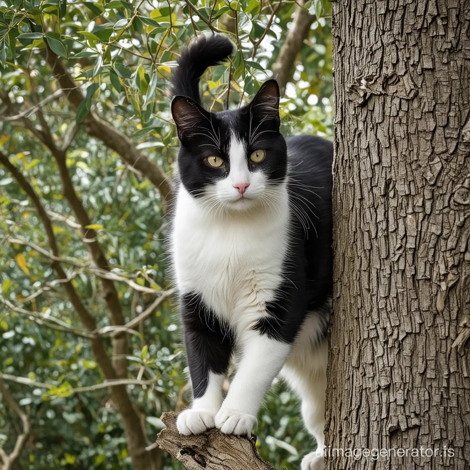 Black and white cat climbing up a tree