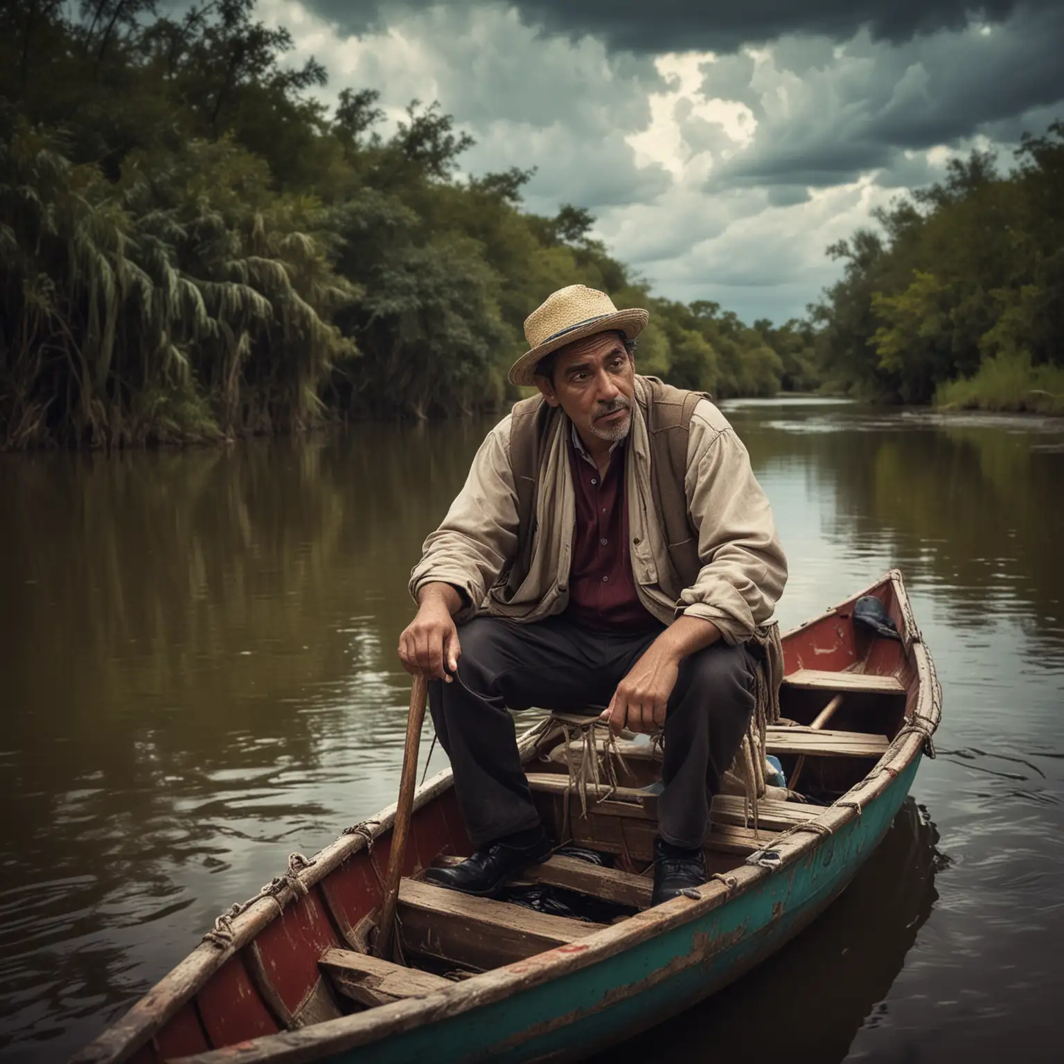 a middle age hispanic man holding a cane and sitting in a tiny boat on a river on a cloudy day, vibrant colors, dramatic lighting
