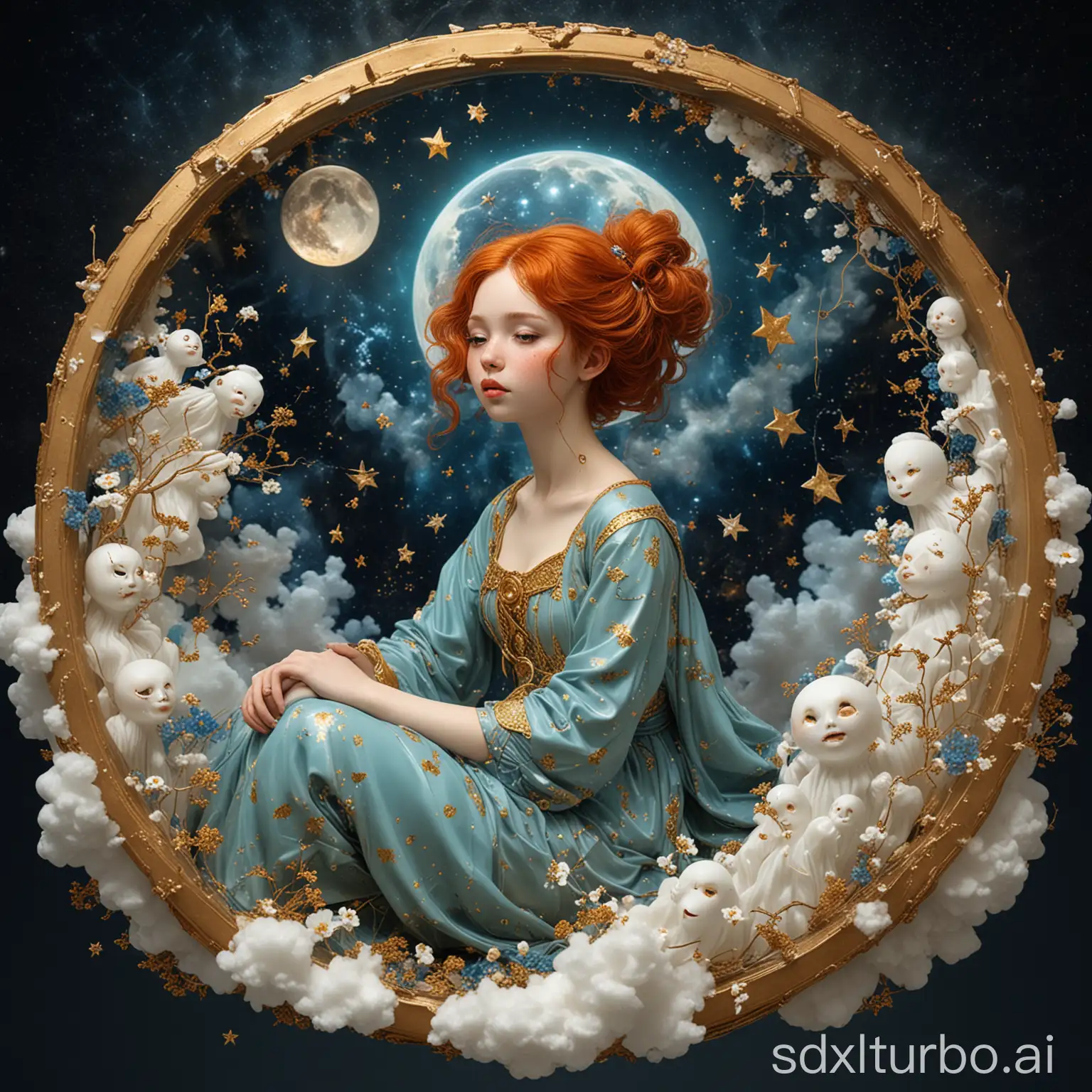 glazing complex masterpiece  on glittering   porcelain, kintsugi, cracked glass, caricatured  abstract expressionism stylized multilayered well-dressed ginger girl  sitting on floating moon surrounded by transparent  cotton cloud ghosts spirits in space  portrait by mucha klimt rockwell murakami  seveso Shaddy, , , forget-me-not flowers . , space, fairytale , , stars,  sharp eyes ,  stardust, celestial , glazing texture , cinematic masterpiece