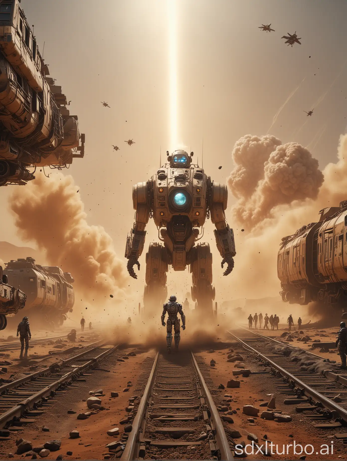 Hyperrealism, future space, robots, standing out as humans launch a spaceship into the dusty apocalyptic sky, mechanical, trains passing by in the sky, sandstorm, earth, laser beams, lively scene, armor, cables, intense perspective space, cinematic scenes, virtual space, 8k