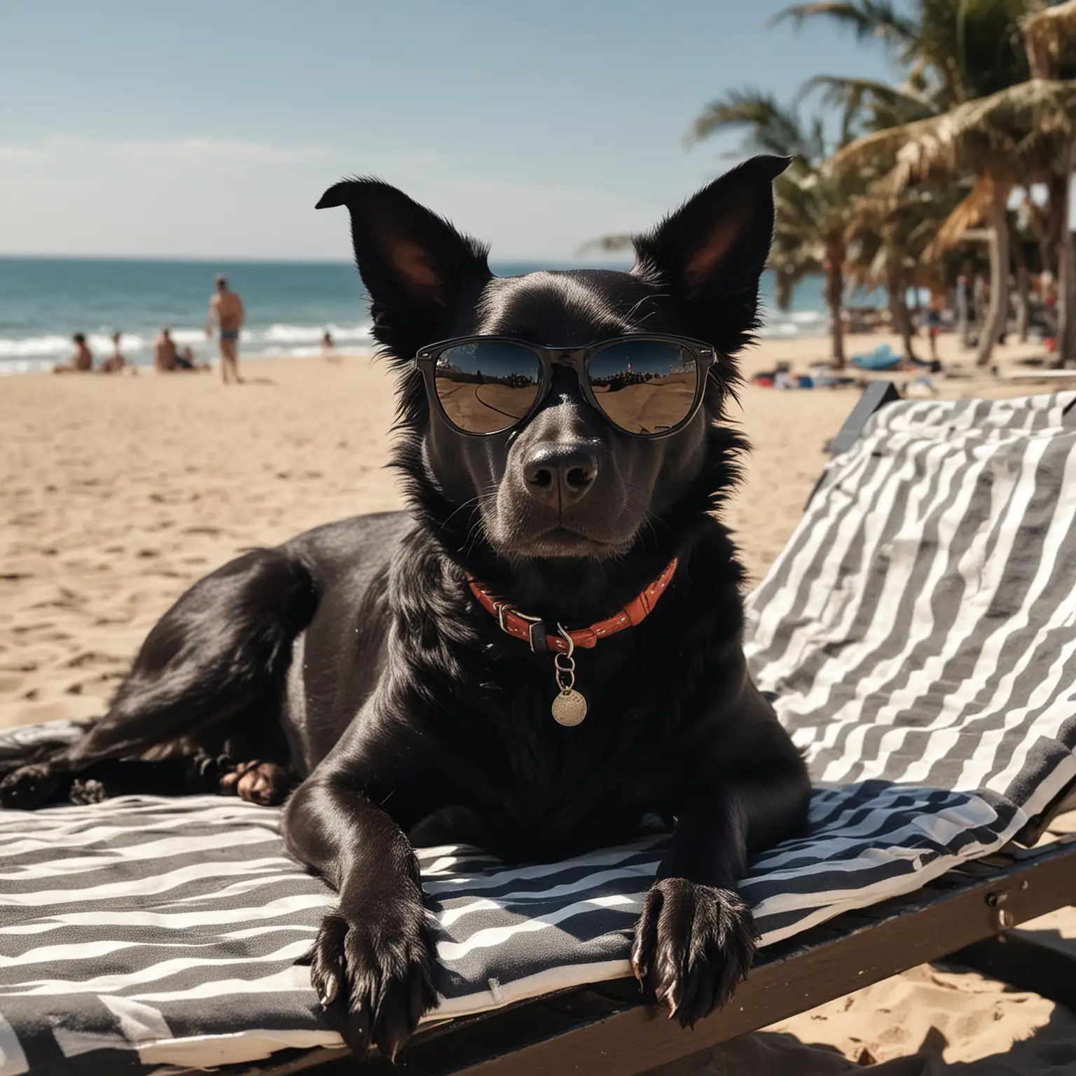 Black-Dog-Relaxing-on-Beach-Sunbed-in-Meme-Style