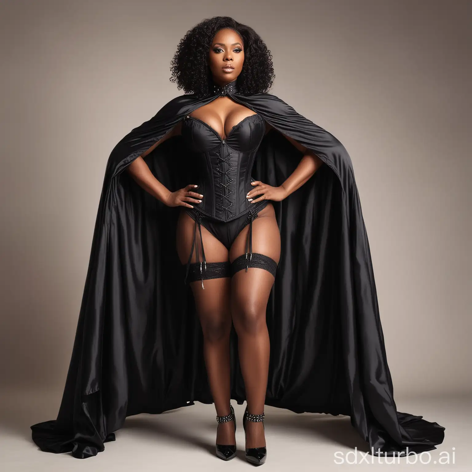 black woman, large breasts, wears black cape with hig collar , wears corset , wears hig heels