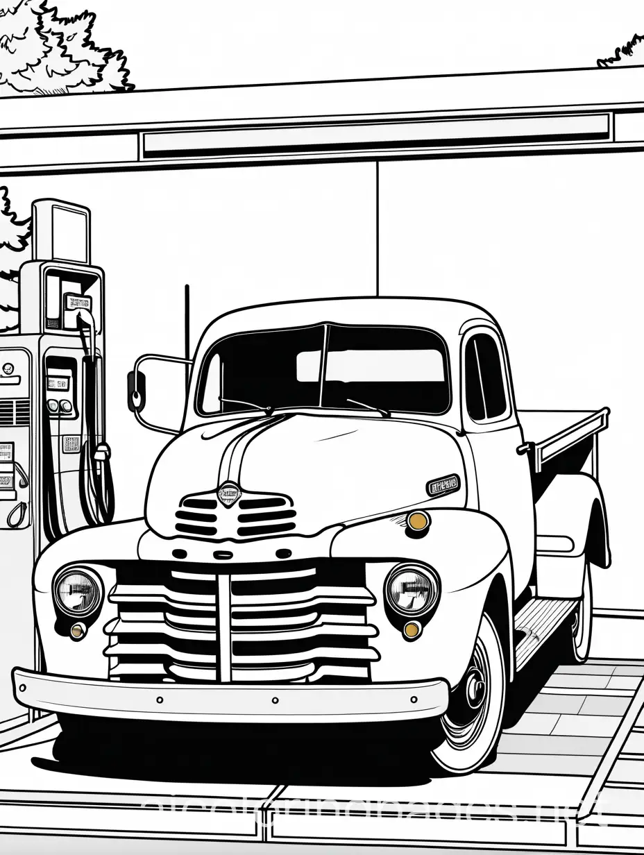 old truck at the gas station, , Coloring Page, black and white, line art, white background, Simplicity, Ample White Space. The background of the coloring page is plain white to make it easy for young children to color within the lines. The outlines of all the subjects are easy to distinguish, making it simple for kids to color without too much difficulty