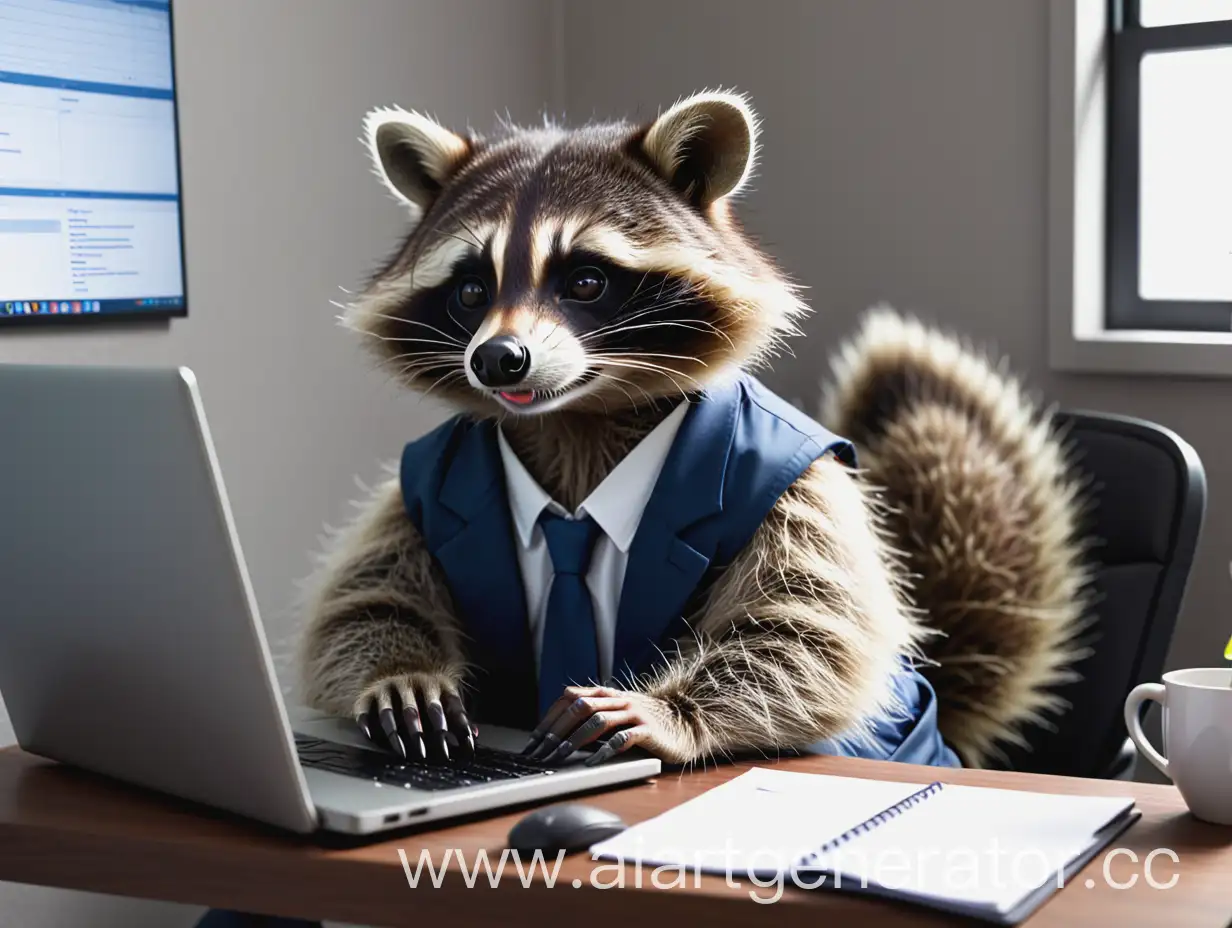 Толстый Енот сидит за ноутбуком и работает работу