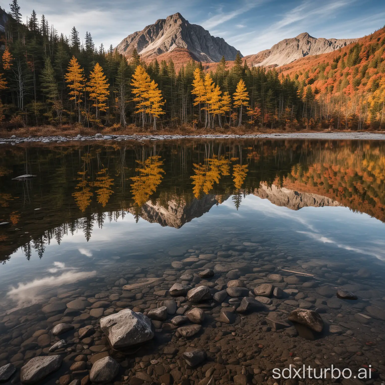 Autumn Lake with Mountain Reflection, Use a wide-angle lens with a focal length of 50mm and set the aperture to f/6.4. Use a tripod to keep the camera steady,