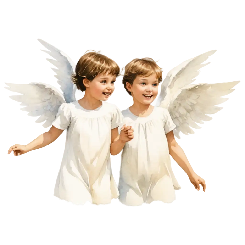Dibujo con acuarela de 2 ángeles niños, con cabello corto y vestimenta blanca