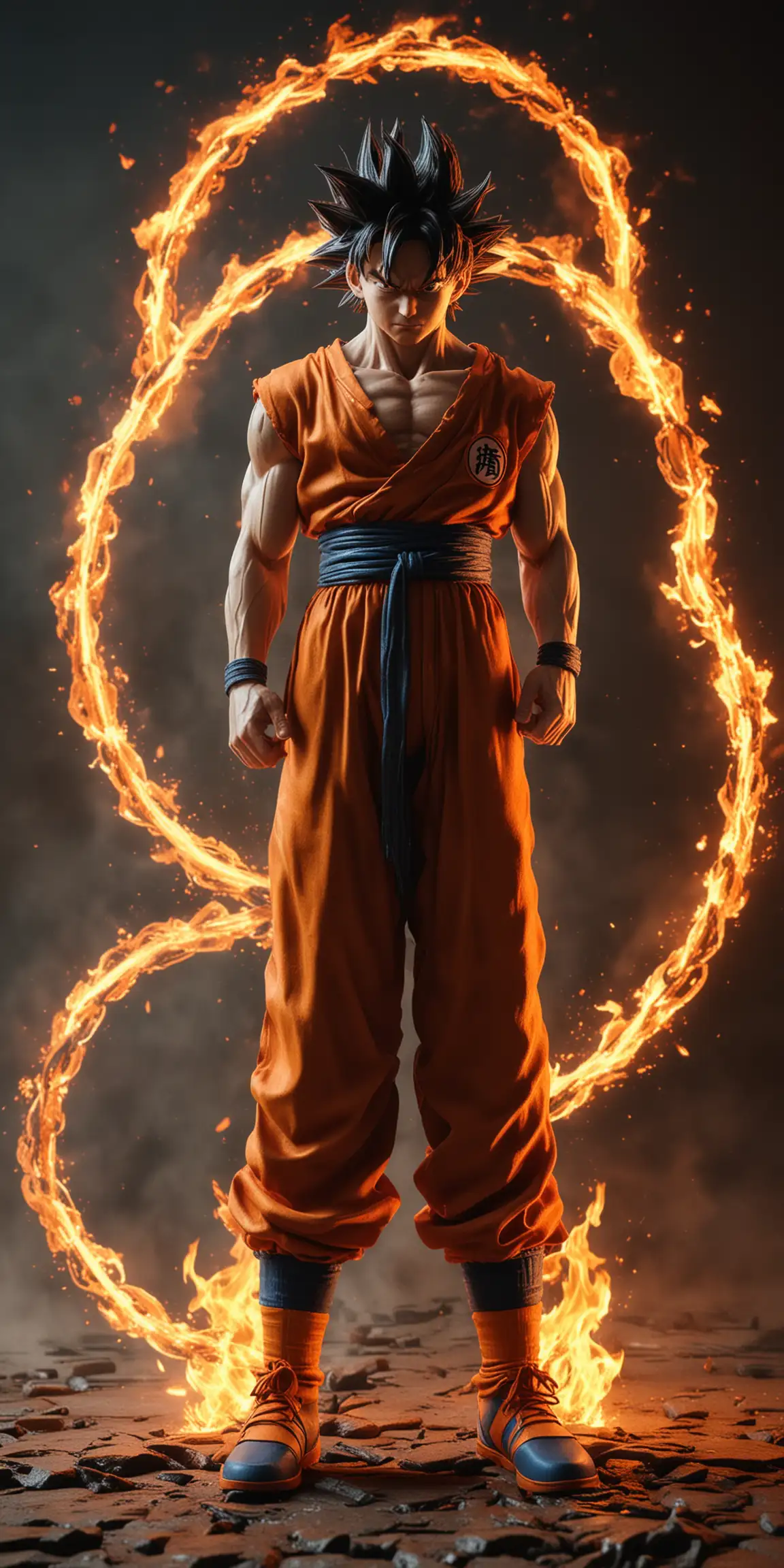 Goku Standing in Fire Chain Realistic Film Stock with Bright Colors