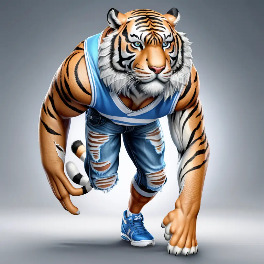 HyperRealistic Tiger Man in Blue and White Jersey and Ripped Jeans