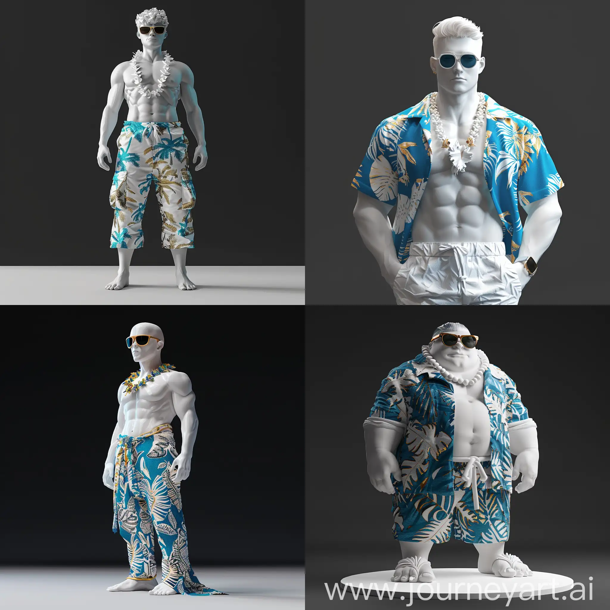 3d rendering full body character in white place, White man wearing hawaii clothes and sunglasses (Blue, white, gold clothes details), Minimalism style, black background --s 200 --v 6.0