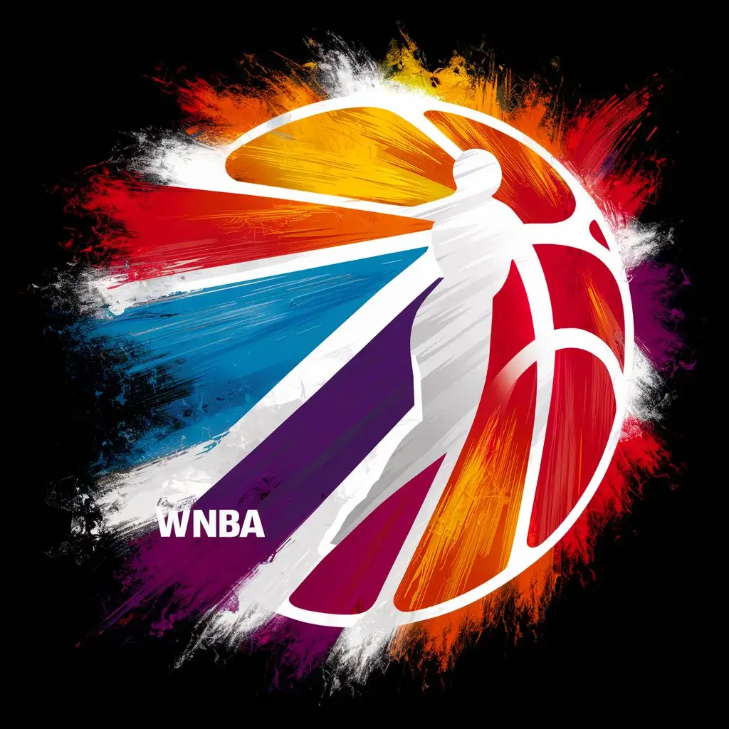 a design of the wnba insignia, featuring hues of fiery reds, electric blues, vibrant yellows, and powerful purples, in the center is a basketball going through the netting