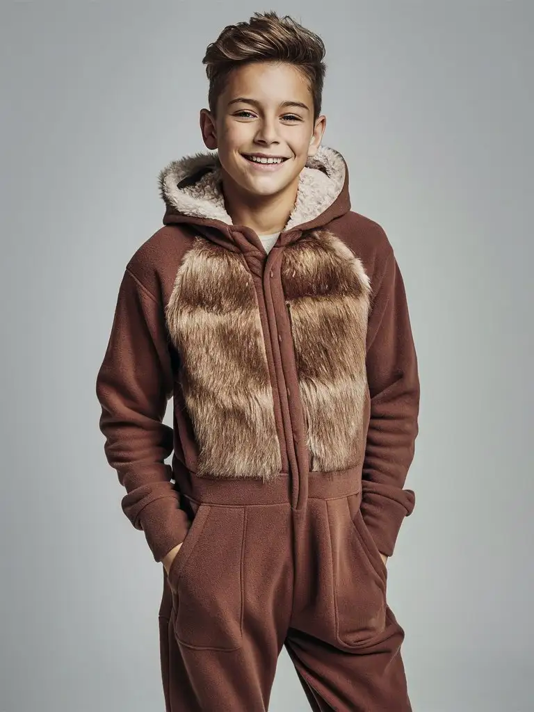 16yo boy, fleece romper-shirt, fur-inlay, sherpa-hood