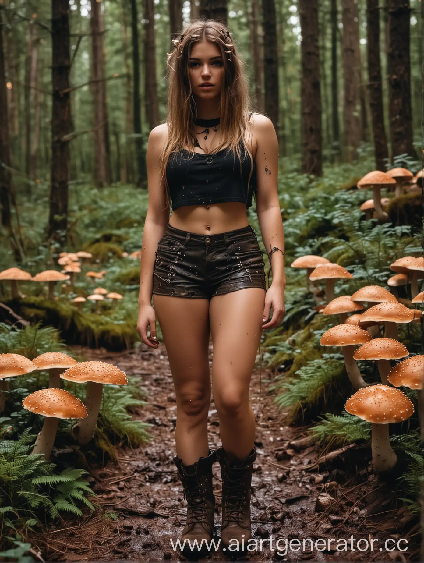 A raver girl in a forest surrounded by glowing mushrooms, wearintightg black shorts, a meshed crop top, and brown military boots with dirt or mud on them