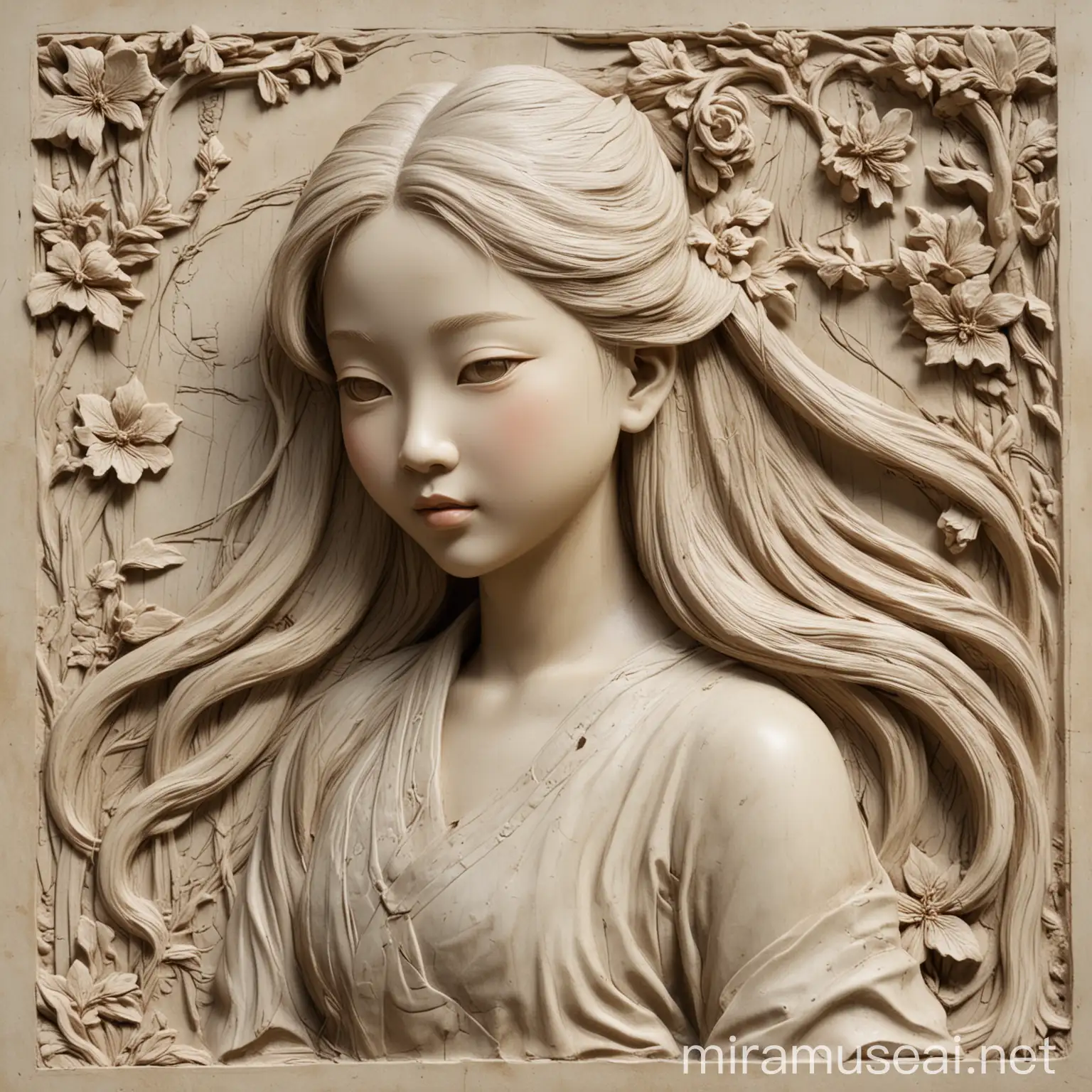 bas-relief, a Chinese girl with long hair, half body