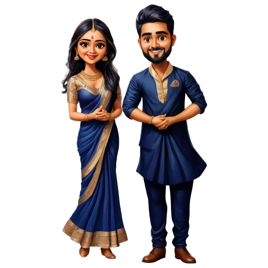 Chubby-Long-Hair-South-Indian-Wedding-Couple-Caricature-PNG-Navy-Blue-Saree-Bride-Kurta-Groom