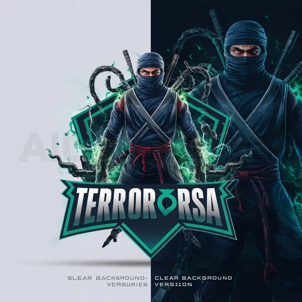 a logo design,with the text "Terror_RSA", main symbol:Realistic Dark Ninja with Toxic and Electric elements with black background,complex,be used in 0 industry,clear background