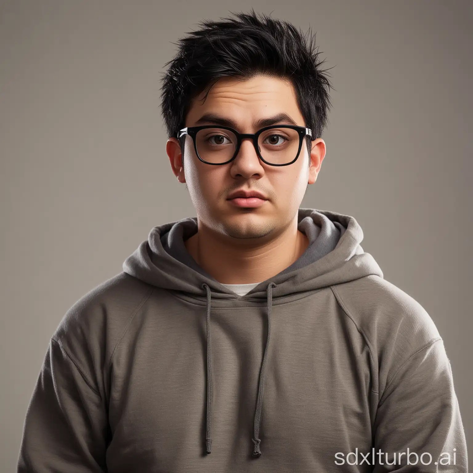 Create male upper body with large head and he is chubby. A 30 year old man with large eye shape and glasses, standing at the front wearing a hoody with black hair