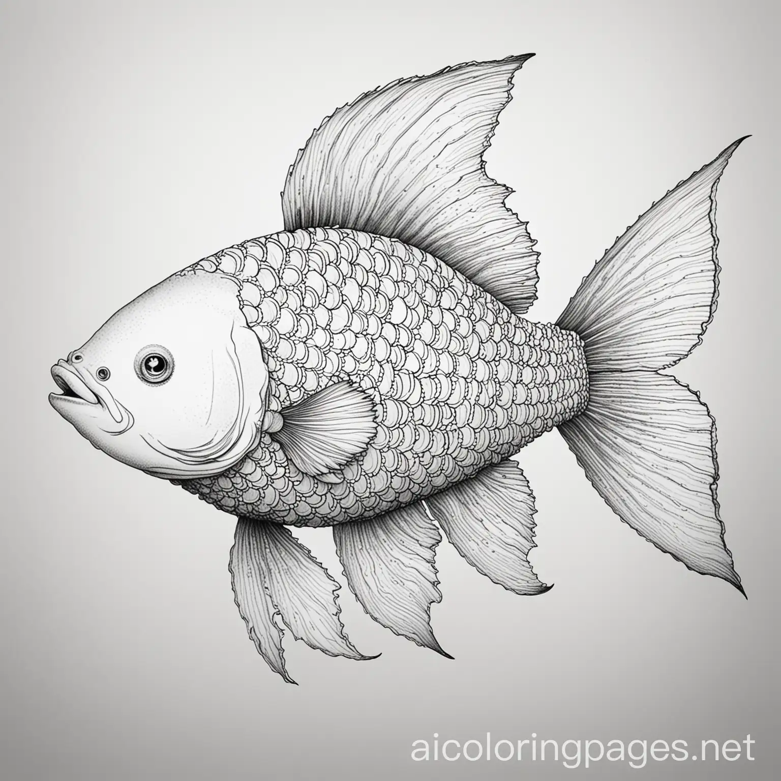 Big fish with scales and legs, Coloring Page, black and white, line art, white background, Simplicity, Ample White Space. The background of the coloring page is plain white to make it easy for young children to color within the lines. The outlines of all the subjects are easy to distinguish, making it simple for kids to color without too much difficulty