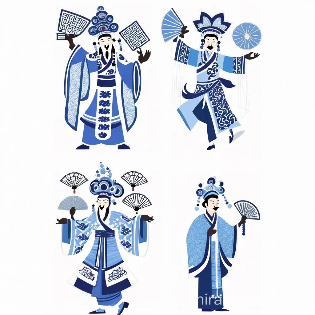Flat style illustration, Profile of a shadow puppet figure, The movement in the dance, Holding a traditional Chinese fan, Chinese traditional opera actors composed of geometric shapes,blue and white glaze,clear outline,Geometric figures composed of traditional Chinese opera actors,white background, clothes with traditional Chinese lotus patterns, Keith Haring style graffiti,garbage beauty style, white background, —ar 4:5,-stylize med,-v5.2
