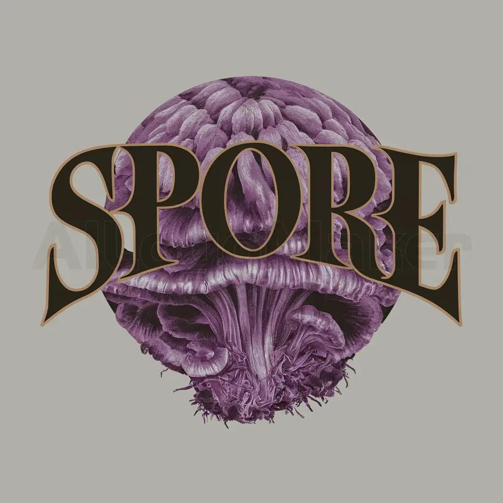 a logo design,with the text "spore", main symbol:psilocybin mushroom spore print . purple spore print , purple mushroom spore letters arched above the print , doom stoner metal font,Moderate,clear background