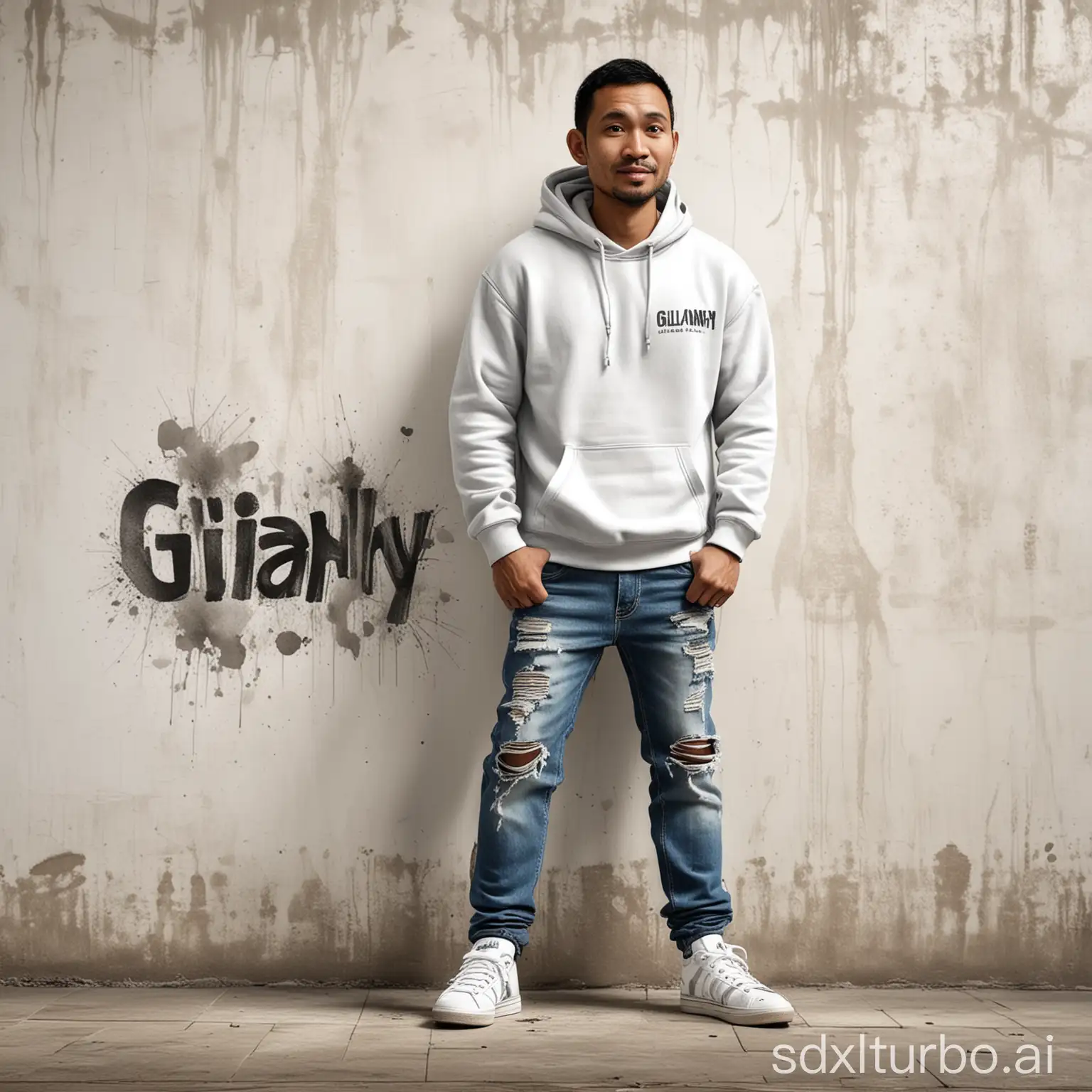 create a 4D caricature of a 35 year old Indonesian man standing leaning against a wall, he is wearing a hoodie, ripped jeans and sneakers. The white wall background is moldy and has the words "Gilvandhy" written on it.