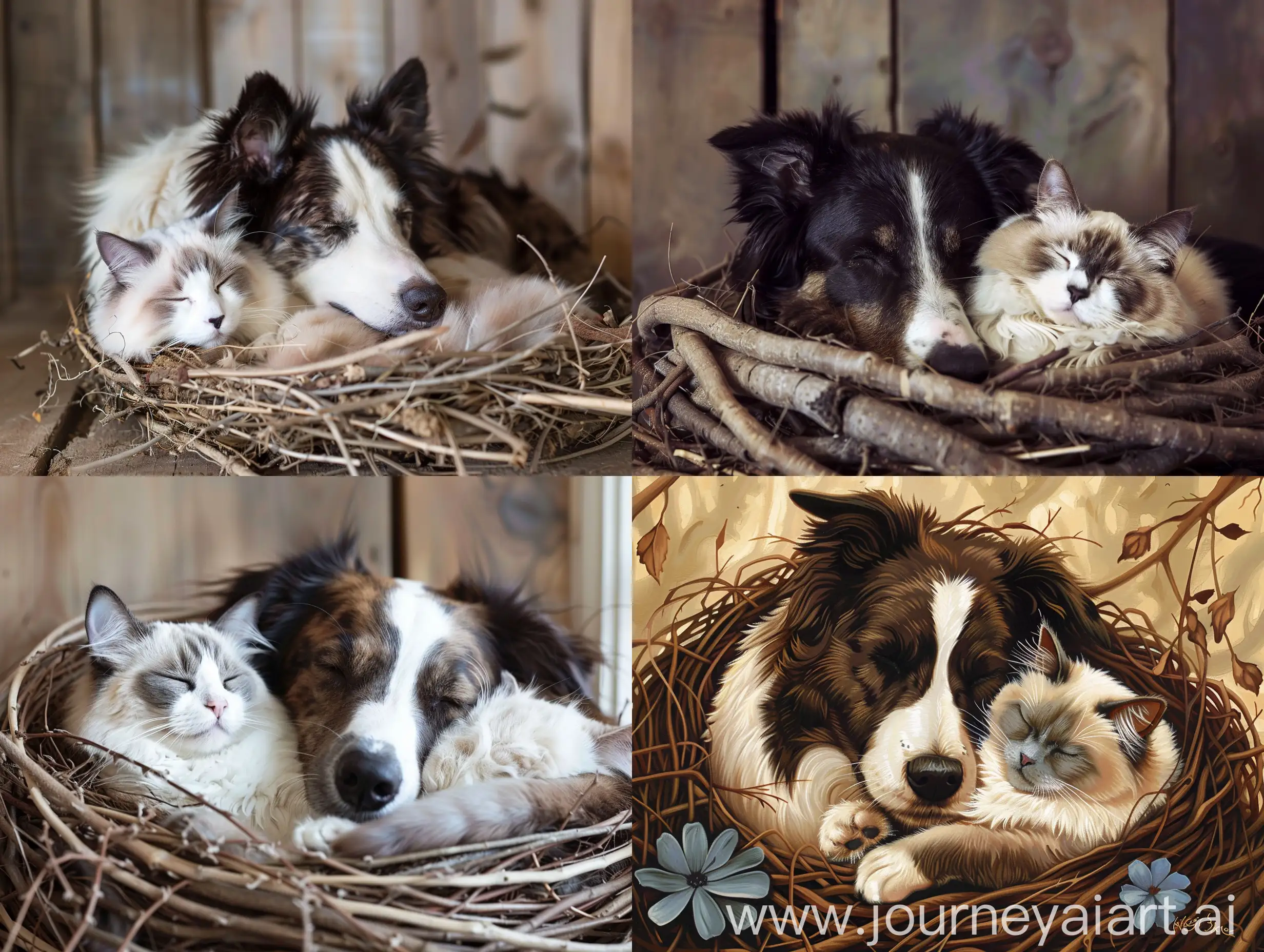 Border-Collie-and-Ragdoll-Cat-Snuggle-Together-in-Cozy-Nest