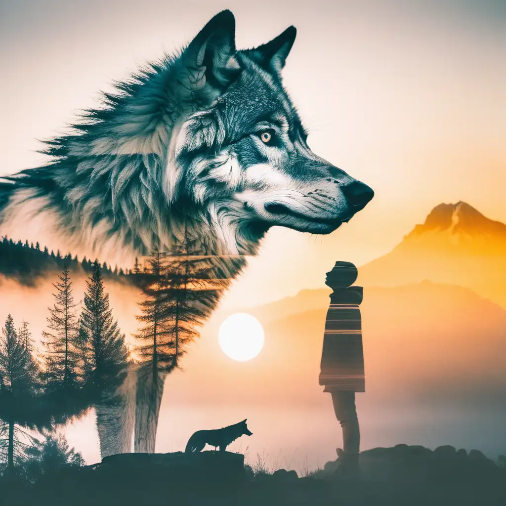 Double Exposure Wolf in Sunrise Landscape
