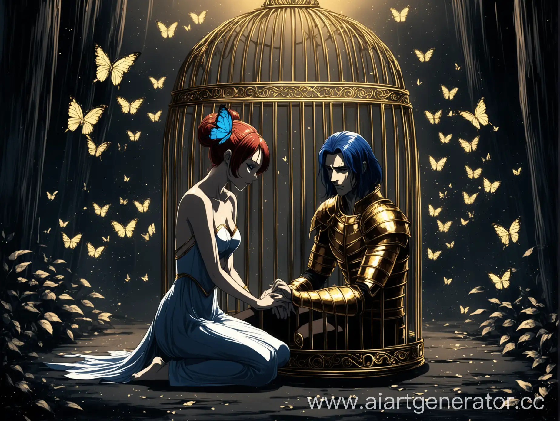 Аниме стиль, девушка с крыльями бабочки сидит в золотой клетке, а рядом с ней молодой воин стоит на коленях, темные тона, мистика, романтика