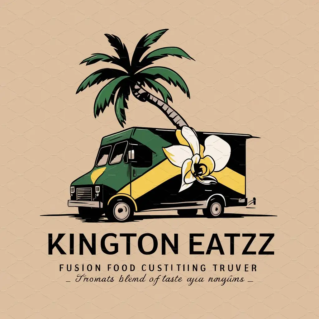 a logo design,with the text "Kington Eatzz", main symbol:Jamaican flag on food truck, palm tree, Orchid Flower, green,yellow,black, fusion foods,Moderate,clear background