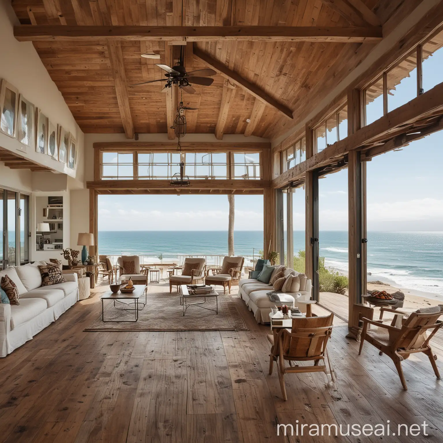 an amazing beach house interior looking out to the ocean