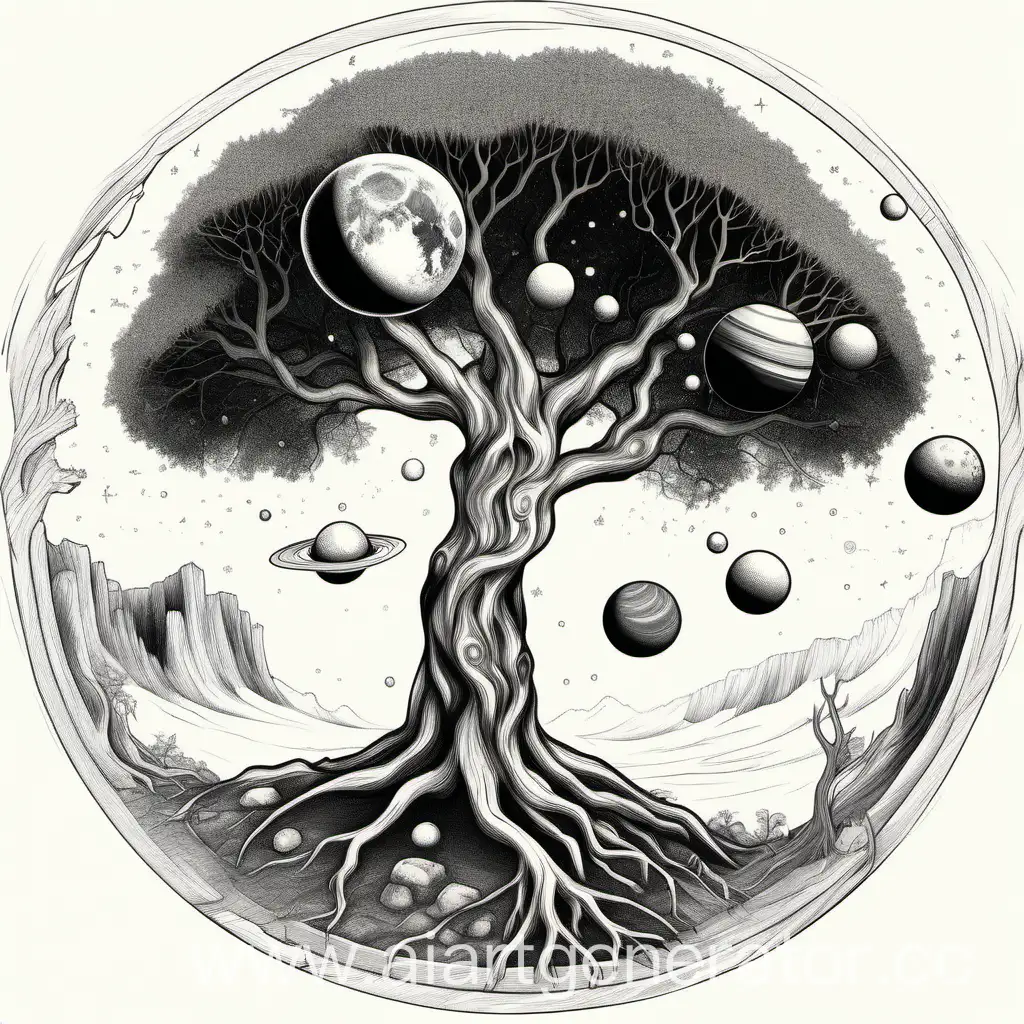 планеты около корней всемирного дерева в стиле простой иллюстрации карандашами