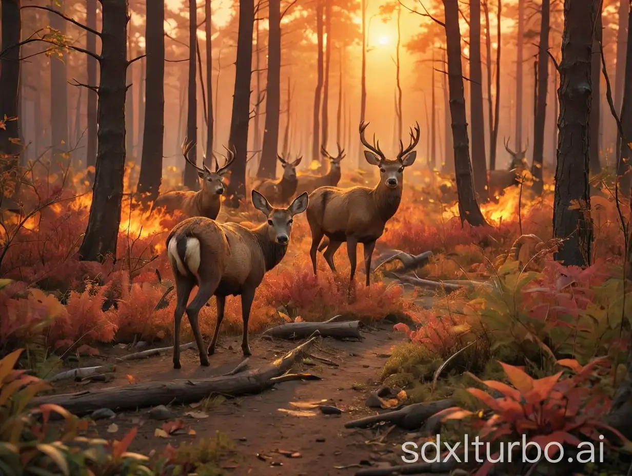 A visually stunning and emotionally gripping 3D scene of a wildfire engulfing a dense forest, with the once vibrant foliage now consumed by fiery orange and red flames. The intense heat and light create an otherworldly atmosphere, while panicked animals, such as deer, rabbits, foxes, bears, and birds, are running in varying degrees of distress, their eyes wide with terror as they flee for their lives. In the foreground, the contrast of colors is striking, as the animals' fur and feathers stand on end from the extreme heat. In the distance, the first rays of sunlight emerge, breaking through the forest edge and casting a warm, golden light that brings a sense of hope and the promise of a new day.
