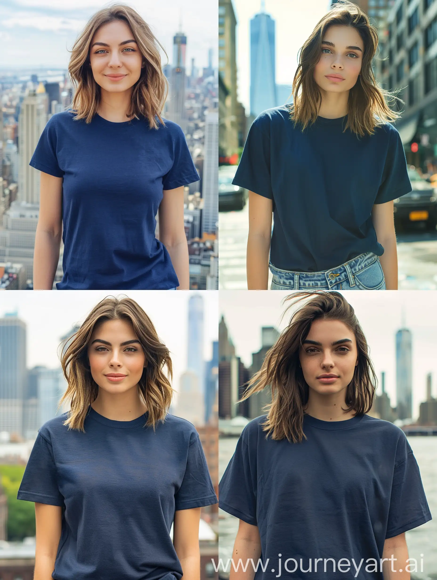 showing a real photo, full length of t-shirt, a beautiful, 22 year old woman with shoulder length hair, wearing a blank, navy blue Bella Canvas 3001 t-shirt with a longer short sleeves, crew neck, lower manhattan in the background