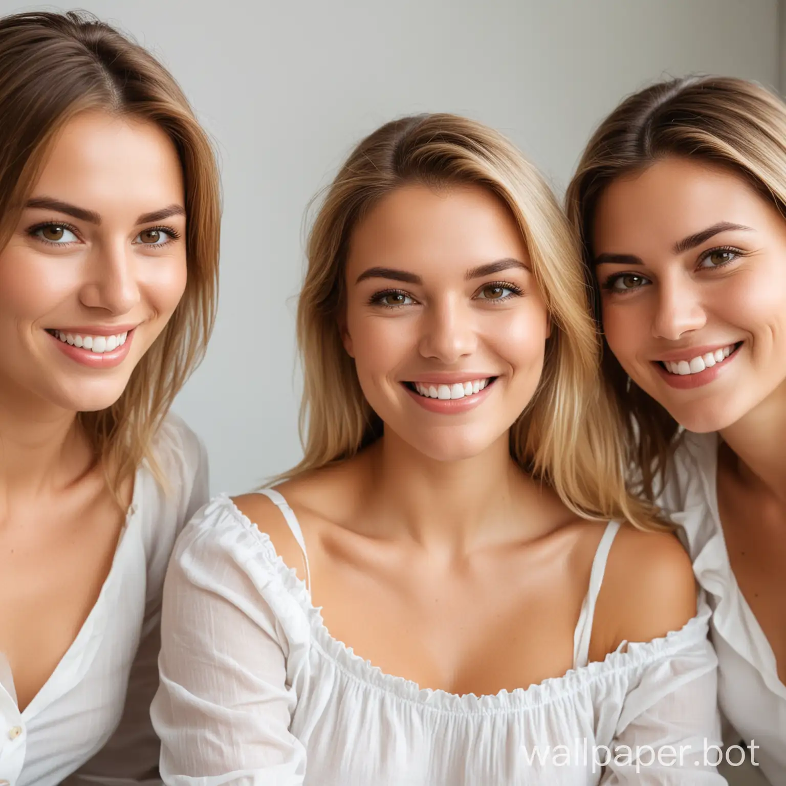 The Very same beautiful woman with blond hair and medium sized breasts wearing a plain white blouse smiling  sitting next to 2 other women with brown hair who are also smiling with clear view of all faces