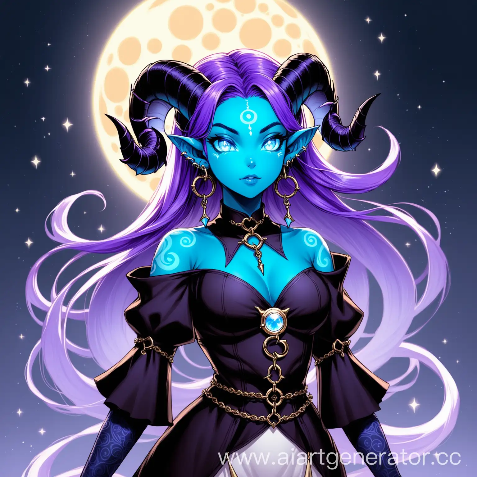 Tiefling girl, inventor, purple hair, swirling black horns, moon earrings, blue skin, white eyes, silver jewelry